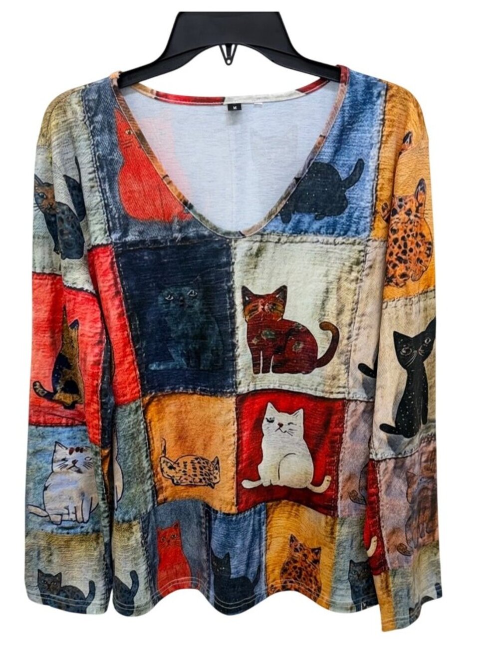 Boutique Colorful Cat Patchwork V-neck Long Sleeve Medium Animal Print Art Top